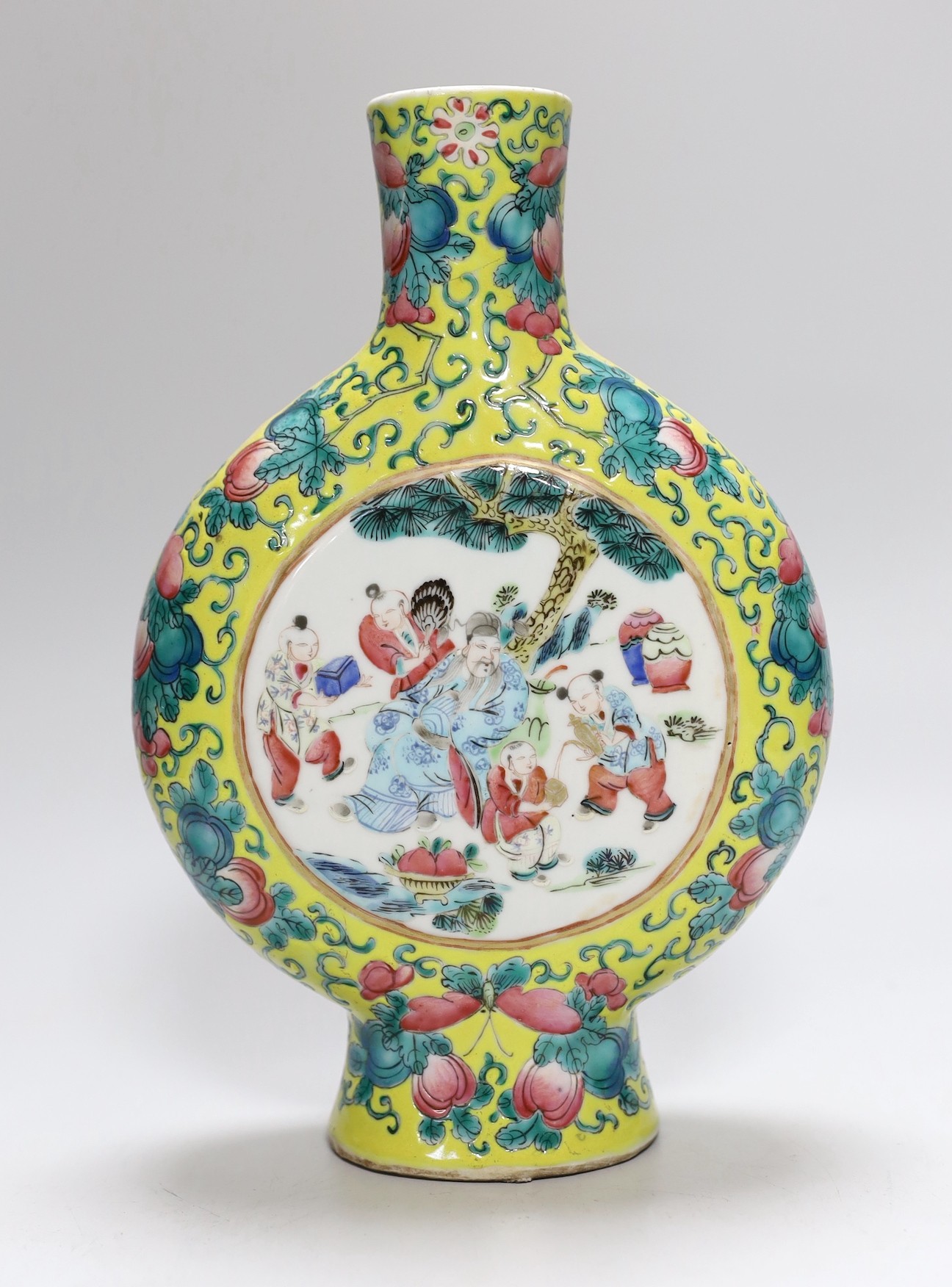A Chinese yellow ground famille rose moonflask, late 19th century, neck a/f, 25cms high
